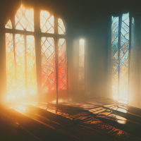 Rainbow Light swing through a stained glass window church. Digital art background.